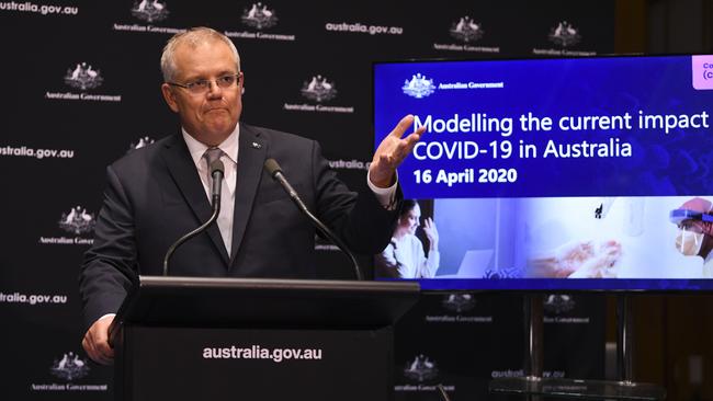 Australian Prime Minister Scott Morrison says COVID-19 restrictions may be eased in four weeks. Picture: AAP Image/Lukas Coch