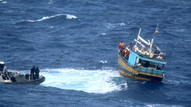 A Suspected Illegal Entry Vessel from Sri Lanka is intercepted by an Australian navy boat. Picture: Supplied