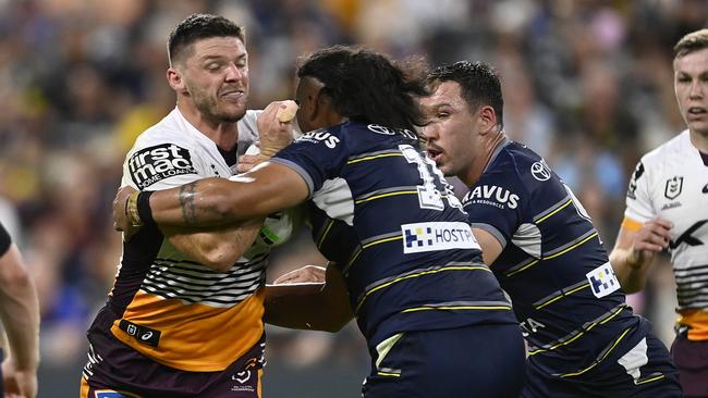 Corey Jensen of the Broncos stopped by the Cowboys defence. Picture: Getty Images