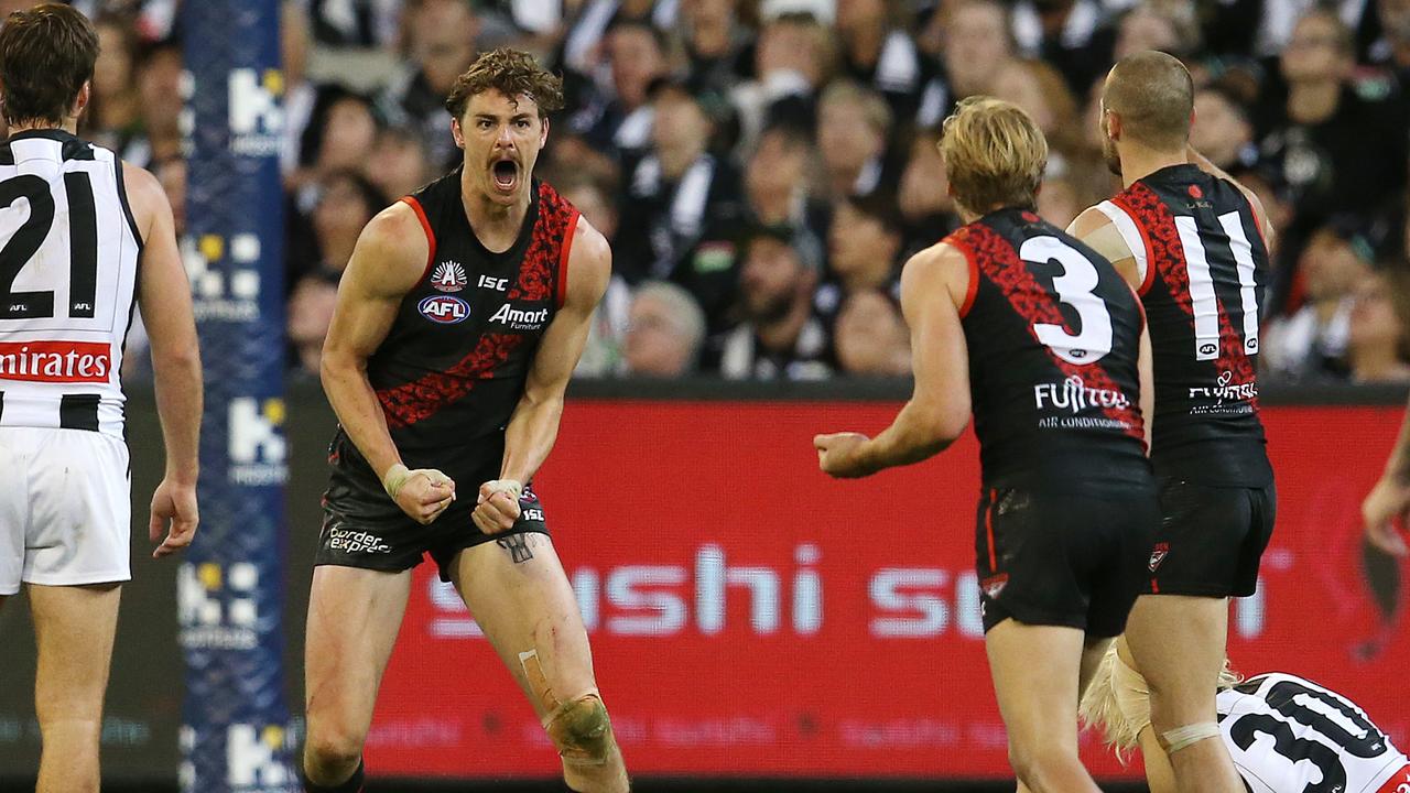 Joe Daniher celebrates a goal on Anzac Day.