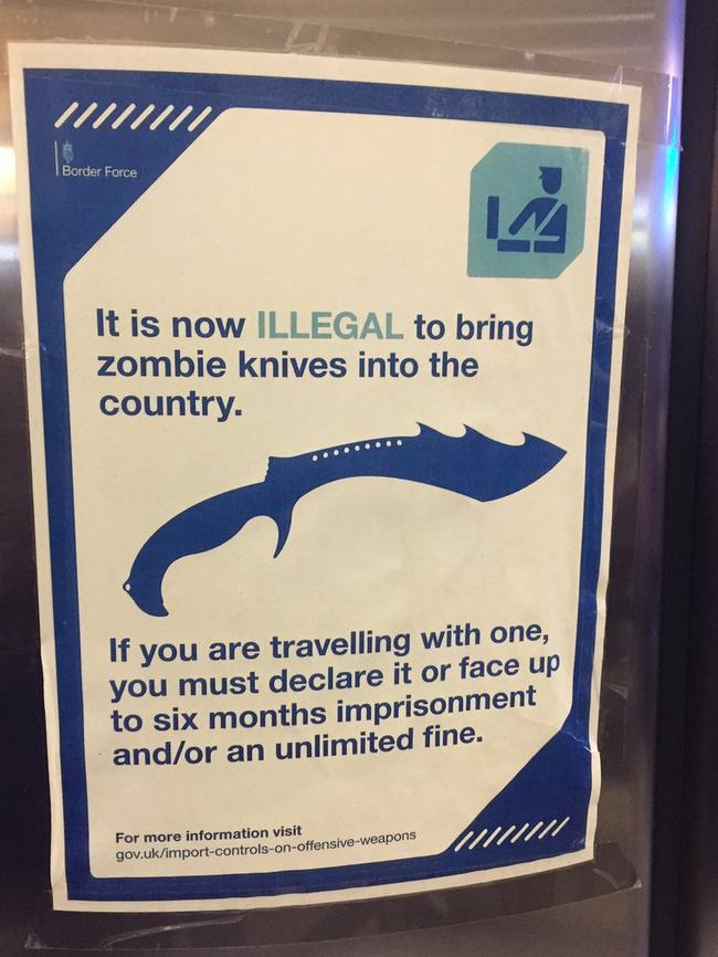 A sign at a UK airport warning not to bring zombie knives into the country. Source: Twitter