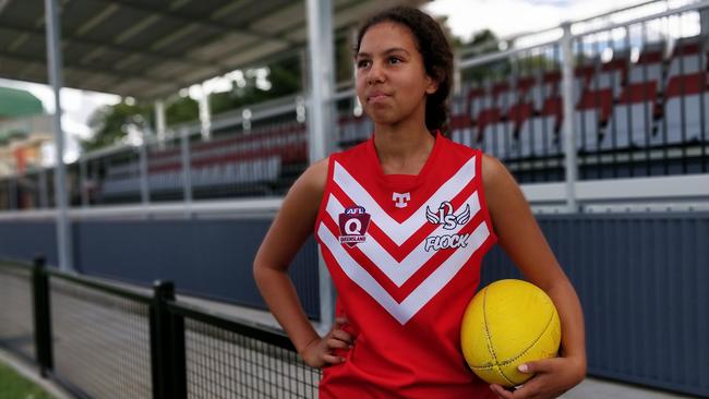 Young Swannette Talarra Berry, 17, pumped up for the game at the newly refurbished Oakes Oval, home to the Lismore Swans Football Club.