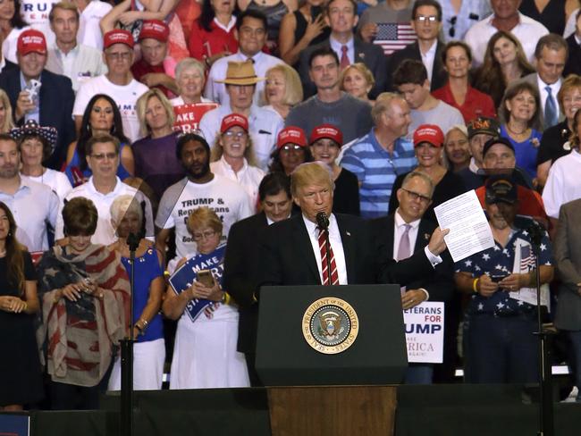 President Donald Trump speaks at a rally on Tuesday. Picture: Rick Scuteri/AP