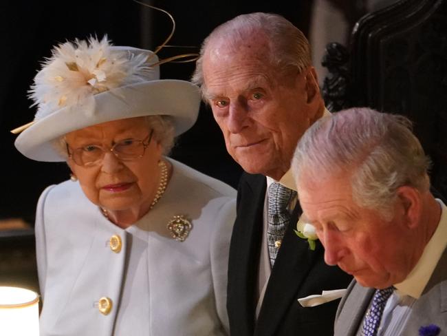 Prince Philip with the Queen and Prince Charles at Princess Eugenie’s wedding in October 2018. Picture: Getty Images