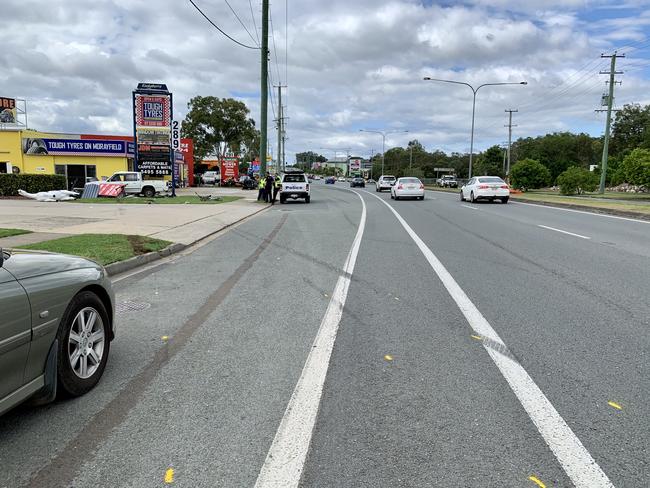 The scene of a traffic crash at Morayfield where two cyclists were critically injured. Picture: Isabella Magee