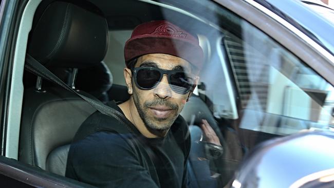 Crows star Eddie Betts leaves radio station 5AA on Wednesday morning. Picture: Mike Burton