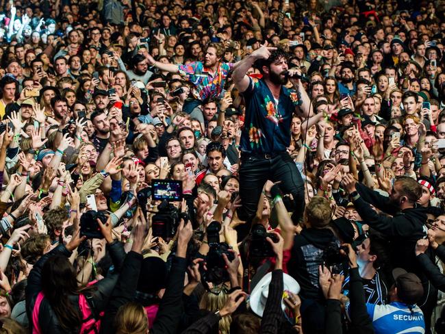 Foals front man Yannis Philippakis ventures out into the crowd during the band's set at Splendour in the Grass 2019. Supplied by SITG PR.