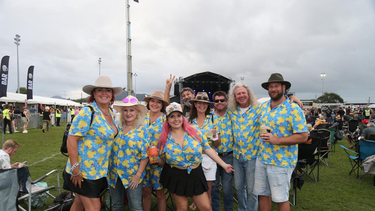 Kelly Thompson, Angela Stewart, Jess Fox, Mandy Pike, Lee Maskell, Ricky Pike and Gavin Stewart enjoy the Cairns edition of the Red Hot Summer Tour, held at the Cairns Showgrounds on May 25 2024. Picture: Angus McIntyre