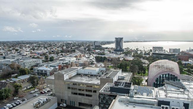 A view of Geelong’s CBD from the residents rooftop entertainment area at Ryrie Home. Picture: Brad Fleet