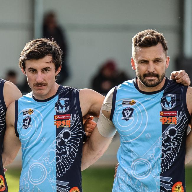 Jarryn Geary, middle, has returned to play for Eaglehawk in the Bendigo league this season. Picture: SAA Imaging