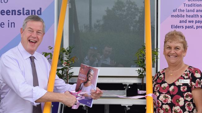 Minister for Health and Ambulance Services Tim Nicholls and breast imaging director Elizabeth Phillips have welcomed the BreastScreen QLD van to North Shore. Picture: Holly Fishlock.