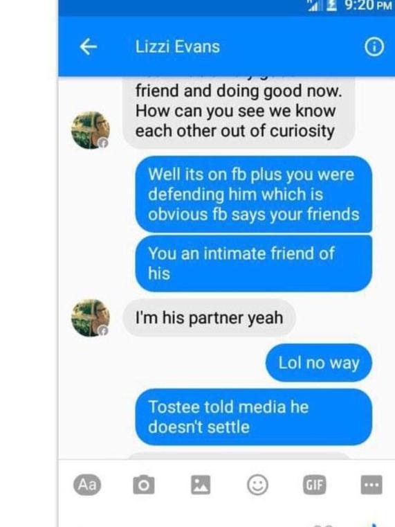 A private Facebook message in which Lizzi Evans identified herself as Tostee’s partner.