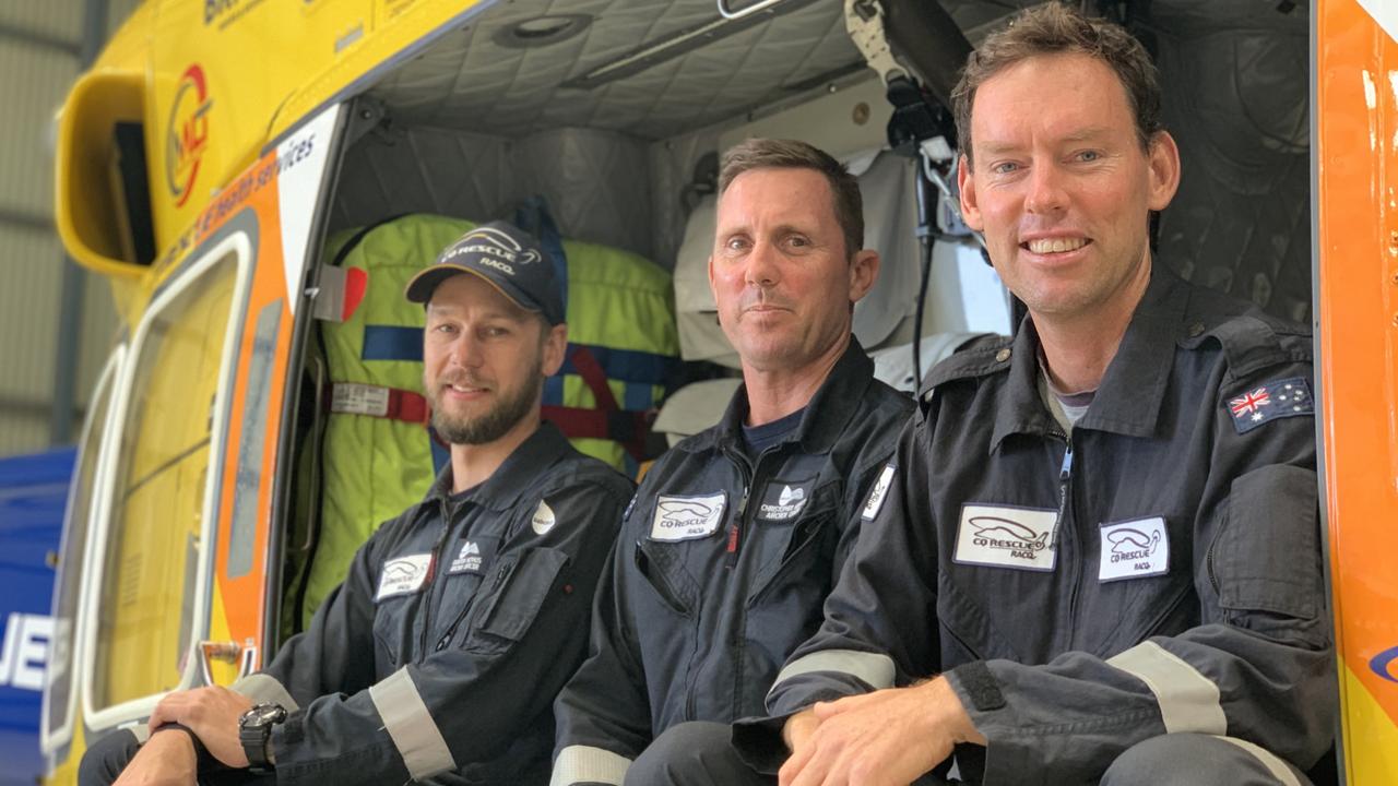 (From left to right) Quinton Rethus, Chris Muffett and pilot Doug White are three of RACQ CQ Rescue's dedicated professionals. Picture: Duncan Evans