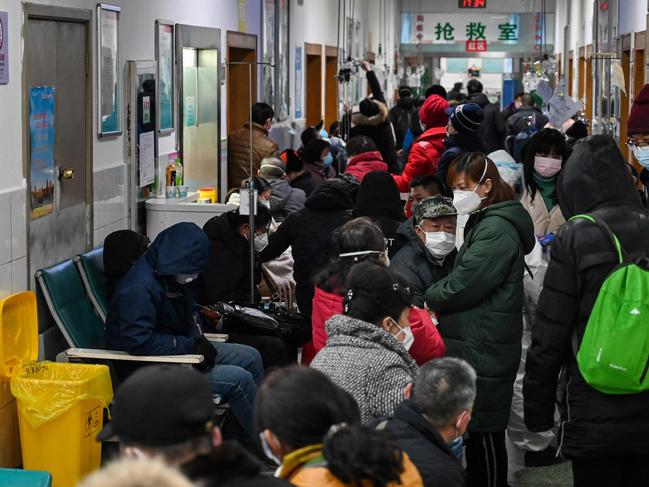 A Wuhan hospital is packed with patients. The city’s hospitals were overrun in the early days of the pandemic. Picture: AFP