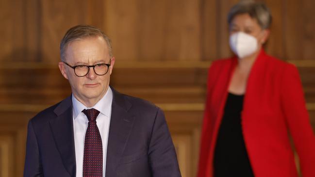 Anthony Albanese, left, and Penny Wong in Tokyo on Tuesday. Picture: Getty Images