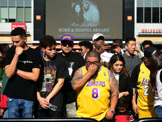 Fans gather to mourn the death of NBA legend Kobe Bryant outside Staples Center in Los Angeles, California. Picture: AFP