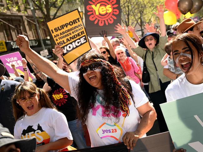 A Yes supporter pictured amongst the crowd in Melbourne’s Walk for Yes. Yes23 organisers said between 150,000-200,000 Australians were estimated to have attended 40 Walks for Yes events in capital cities and regional towns around the country last weekend. Picture: William West/AFP 