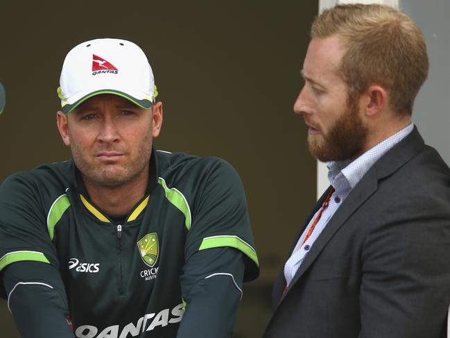 Former Australian cricket captain Michael Clarke with Australian Team Manager Gavin Dovey. Picture: Ryan Pierse