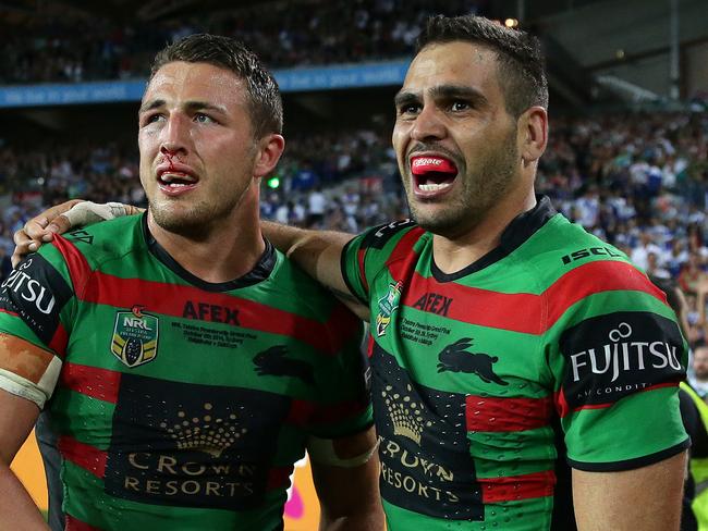 during the South Sydney v Canterbury Bulldogs 2014 NRL Grand Final at ANZ Stadium, Sydney. Sam Burgess and Greg Inglis celebrate another try. Pic Brett Costello