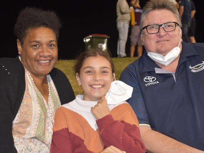 Antwinette Vanderwolf (from left), Jada Scott and Chris Vanderwolf at the Canberra Raiders v Sydney Roosters round 25 match at BB Print Stadium, September 2, 2021. Picture: Matthew Forrest