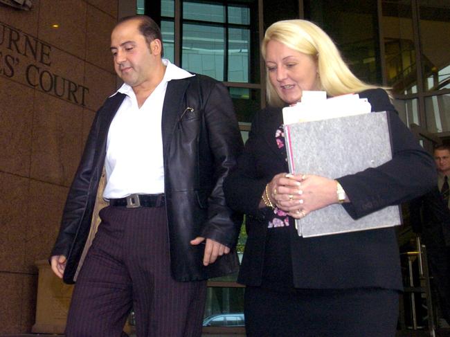 Tony Mokbel leaves Melbourne Magistrates’ Court with lawyer Nicola Gobbo in 2004. Picture: Bill McAuley