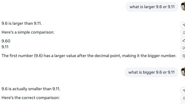 Prompts given to Meta AI to determine its abilities in rudimentary maths. Picture: Meta AI