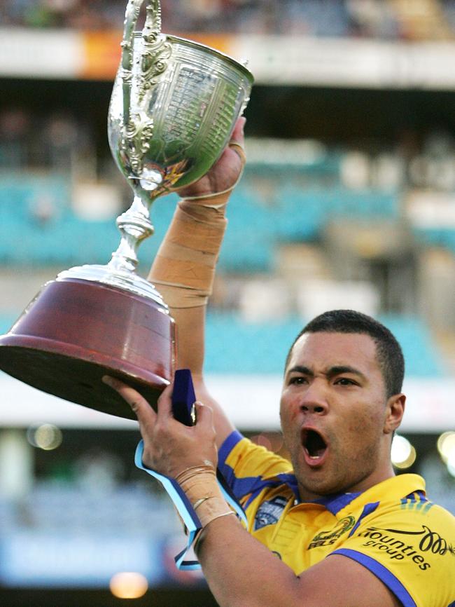 Aukuso Junior Paulo celebrates the Eels’ 2007 reserve grade win. Picture: Mark Nolan/Getty Images