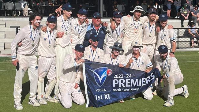 Kew celebrates its VSDCA North-West premiership.