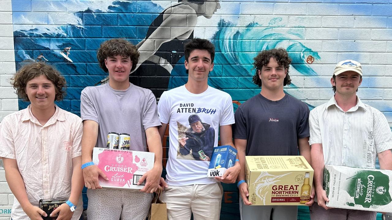 Xander Harbour, Charlie Wigg, Samuel Appleford, Alex Doherty and Jimmy Turner at Byron Bay Schoolies. Picture: Savannah Pocock