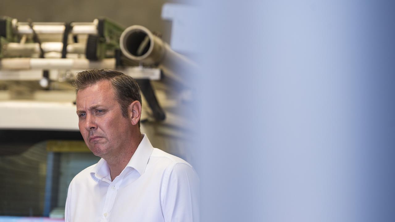 Groom LNP candidate Garth Hamilton listens as Deputy Prime Minister Michael McCormack speaks to media during a visit to Toowoomba business Paul Wiedman Electrical, Monday, November 23, 2020. Picture: Kevin Farmer