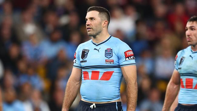 BRISBANE, AUSTRALIA - JUNE 21:  James Tedesco of the Blues looks on during game two of the State of Origin series between the Queensland Maroons and the New South Wales Blues at Suncorp Stadium on June 21, 2023 in Brisbane, Australia. (Photo by Chris Hyde/Getty Images)