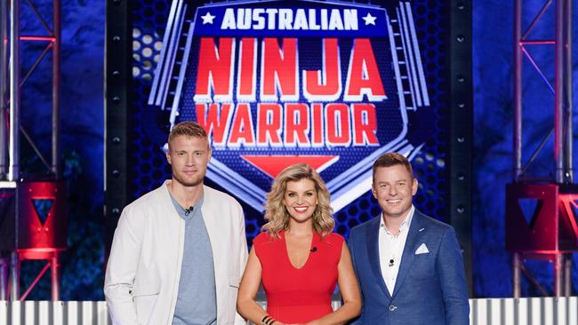 Andrew Flintoff, Rebecca Maddern and Ben Fordham on the set of Australian Ninja Warrior, which is set to move to Melbourne. Picture: Channel 9