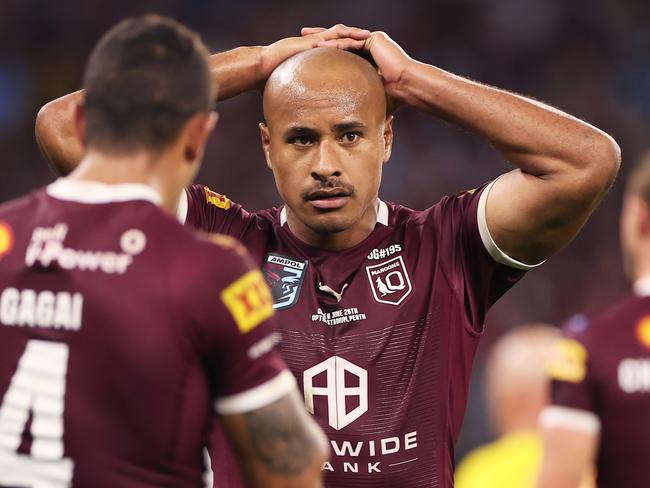 PERTH, AUSTRALIA - JUNE 26:  Felise Kaufusi of the Maroons looks dejected after being sent to the sin bin during game two of the State of Origin series between New South Wales Blues and Queensland Maroons at Optus Stadium, on June 26, 2022, in Perth, Australia. (Photo by Mark Kolbe/Getty Images)