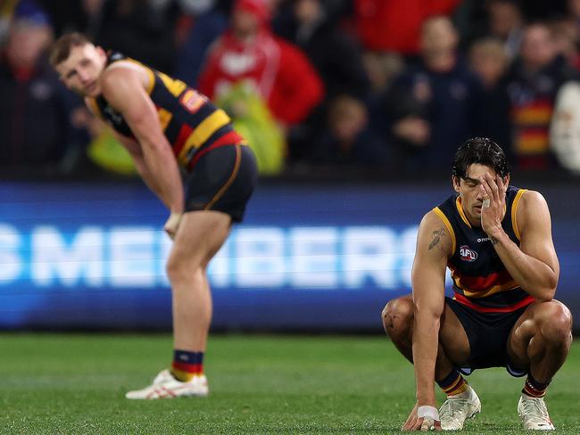 ADELAIDE, AUSTRALIA - AUGUST 19: Shane McAdam of the Crows and Rory Laird of the Crows after the loss during the 2023 AFL Round 23 match between the Adelaide Crows and the Sydney Swans at Adelaide Oval on August 19, 2023 in Adelaide, Australia. (Photo by Sarah Reed/AFL Photos via Getty Images)