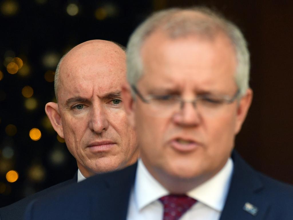 Minister for Government Services Stuart Robert and Prime Minister Scott Morrison at a press conference on aged care at Parliament House in Canberra. Monday, November 25, 2019. (AAP Image/Mick Tsikas) NO ARCHIVING