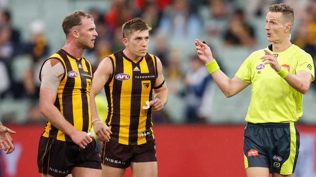 Tom Mitchell copped a 50m for “arms up” dissent against Geelong at the MCG in round 5.