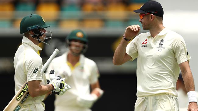 Steve Smith exchanges words with Jimmy Anderson at the Gabba.