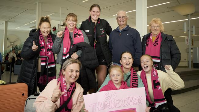 Tracy Ireland, Simone Bigg, with Lucy Austin, Rodney Clifford, Diane Clifford, Kylie Akker, Rahni Ireland, 7, Kasey Bigg, and Karaha Ireland, 15 at Adelaide Airport, welcoming home the Thunderbirds after their grand final win. Picture: Matt Loxton