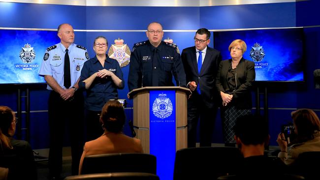 Media conference this morning with Chief Commissioner Graham Ashton, AFP Commander Brian McDonald, Premier Daniel Andrews and Police Minister Lisa Neville (right). Picture: Mark Stewart