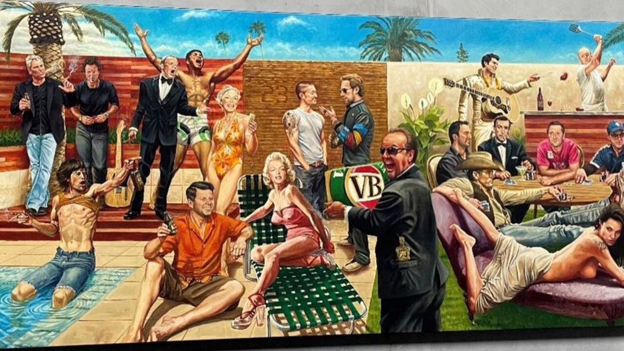 Shane Warne's famous painting featuring some of his heroes, mates and idols (painted by Jamie Cooper).
