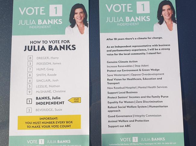 Julia Banks’s how-to-vote cards.