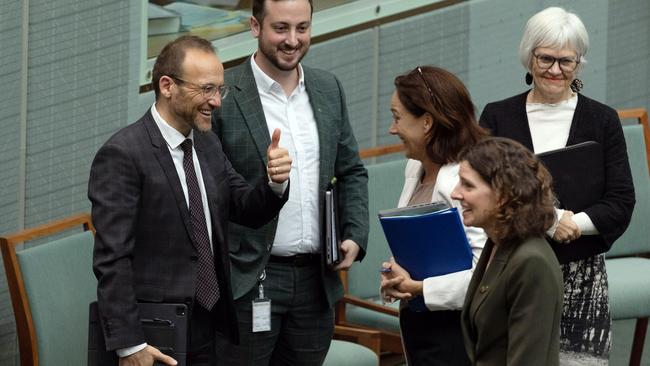 Adam Bandt gave the thumbs up to the independents after the bill passed. The Safeguard Mechanism got up in the House of Representatives in Parliament House in Canberra. Picture: NCA NewsWire / Gary Ramage