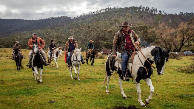 Riders set off in search of wild brumbies. Picture: Jake Nowakowski