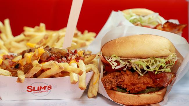 The Crispy Chicken Club and The Works, at Slim’s Quality Burger, which opened at Sydney Westfield. Picture: Justin Lloyd