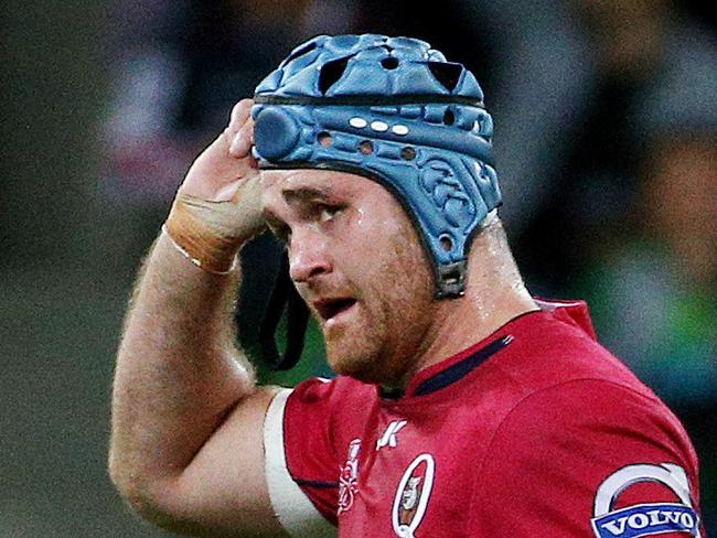 Super Rugby - Melbourne Rebels v Queensland Reds at AAMI Park , James Horwill leaves the field after been given a red card. 3rd April 2015. Picture: Colleen Petch.