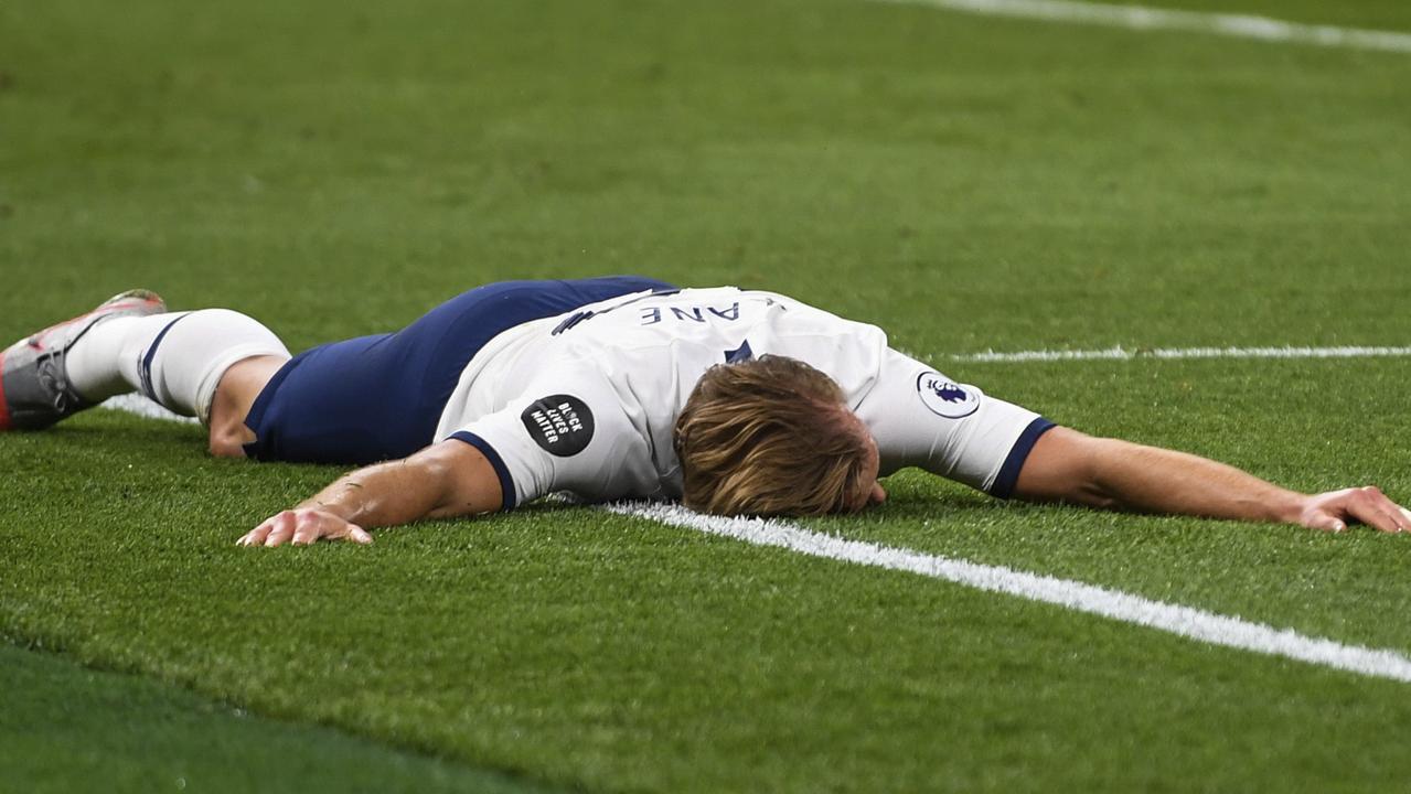 Tottenham's Harry Kane celebrates after scoring his team's second goal during.