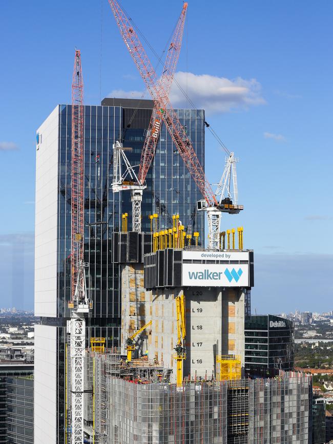 Progress shows work on Parramatta Square 6 and 8 buildings. They will offer 124,000sq m of commercial floor space over 50 storeys. PS6 is due for completion in August 2021 and PS8 in April 2022. Picture: Gaye Gerard