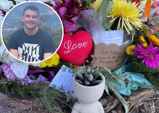 Flowers at the Park Beach scene of the fatal Coffs Harbour stabbing of surfer Kye Schaefer, 21. Pictures: Janine Watson/NewsLocal and (inset) Facebook