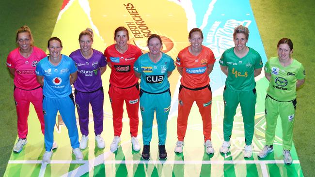 From left, Megan Schutt (Strikers), Beth Mooney (Heat), Nicola Carey (Hurricanes), Georgia Wareham (Renegades), Elyse Villani (Stars), Meg Lanning (Scorchers), Ashleigh Gardner (Sixers) and Rachael Haynes (Thunder) at the Women's Big Bash League season launch. Picture: Chris Hyde/Getty