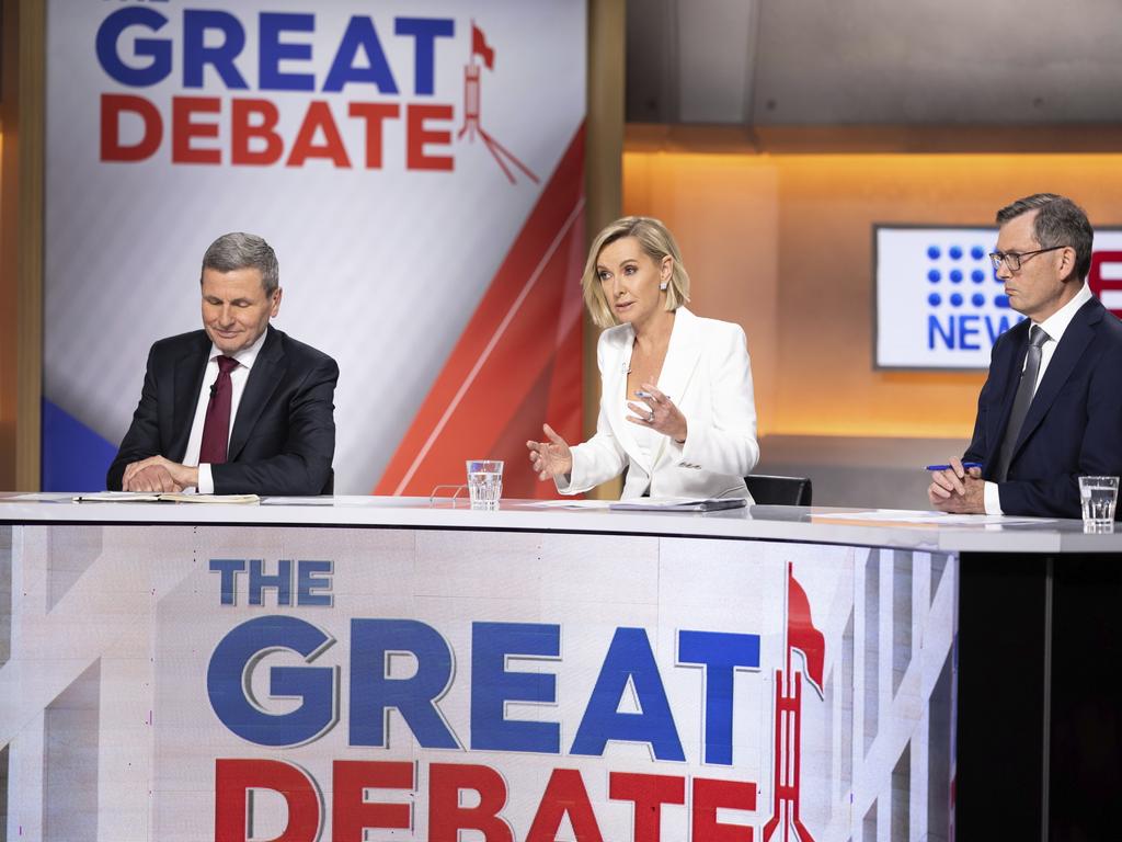 The Channel 9 debate panel featuring Chris Uhlmann, Deborah Knight and David Crowe. Picture: Alex Ellinghausen/Getty Images